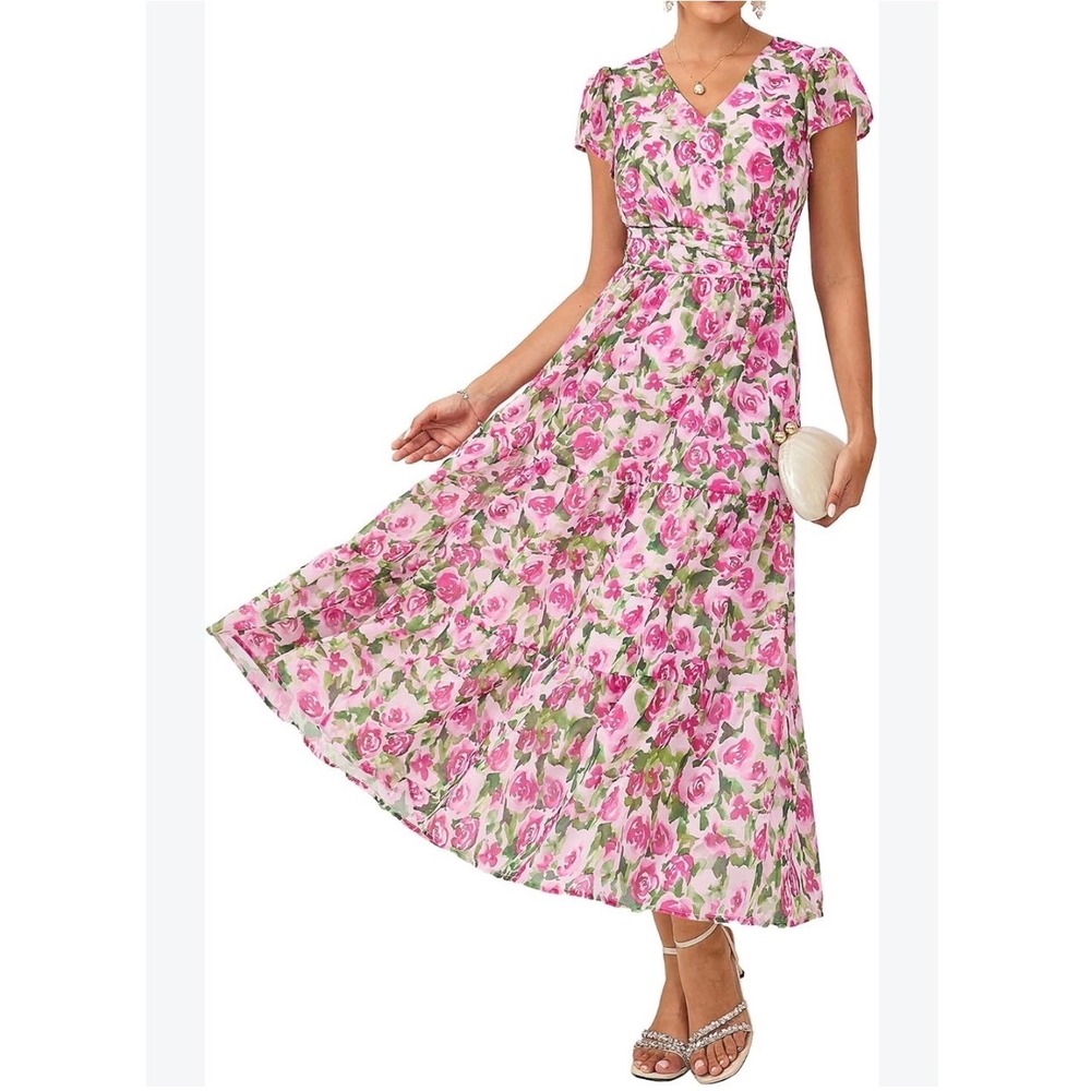 Grace Karin Pink Rose Floral V-Neck Flutter Sleeve Tiered Midi Dress 2XL NEW